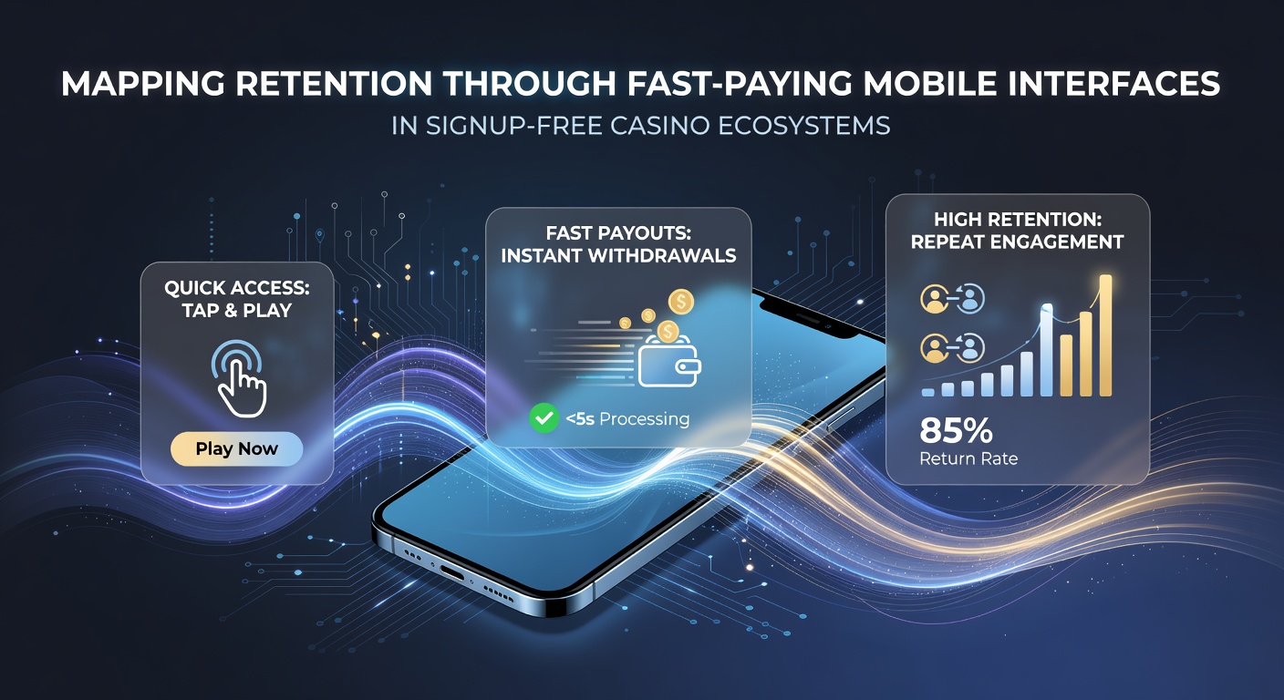 Mobile interface showing instant payout confirmation screen in a signup-free casino app with transaction history and retention metrics overlay