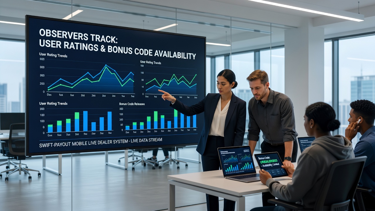 Analytics dashboard displaying rating trends and bonus code distribution across mobile live dealer sessions